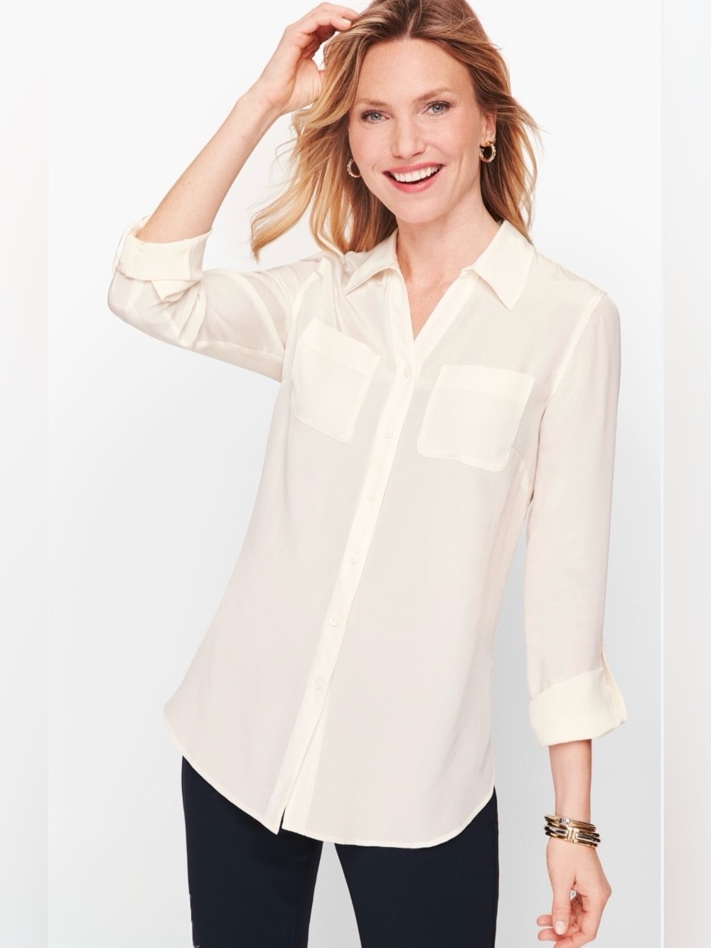 Talbots Cream Silk washable Long-Sleeve Button-Down Shirt w Roll Tabs & Pocket - Picture 9 of 9